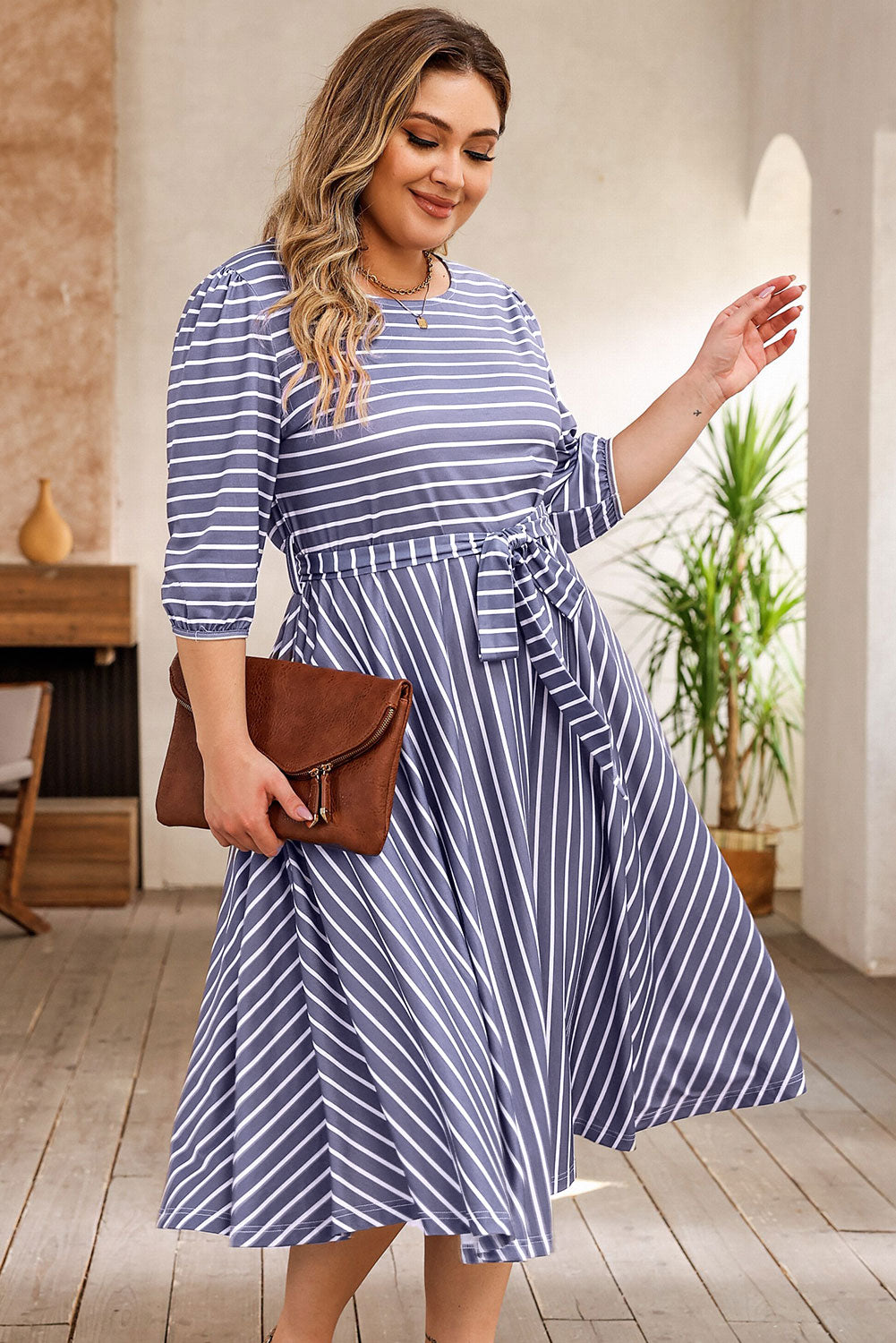 3/4 Sleeve V-neck Striped Midi Dress