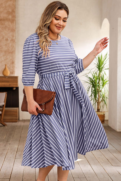 3/4 Sleeve V-neck Striped Midi Dress