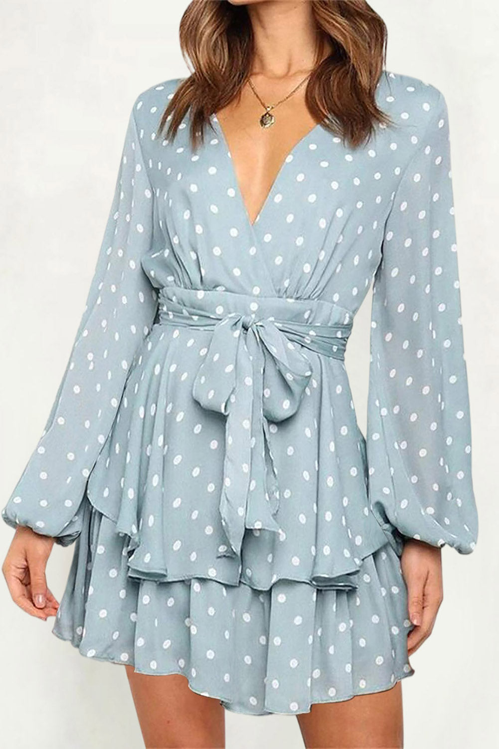 Long Sleeve Blue and White Polka-dot Wrap Dress