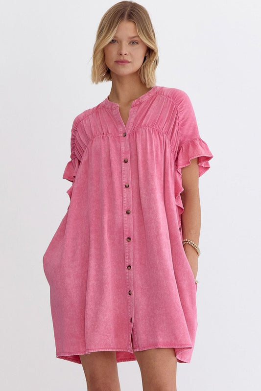 Short Sleeve Button-down Flutter Sleeve Pink Chambray Denim Mini Dress