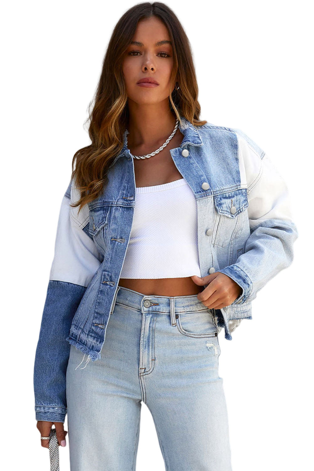 Blue Color Block Denim Patchwork Frayed Hem Jacket