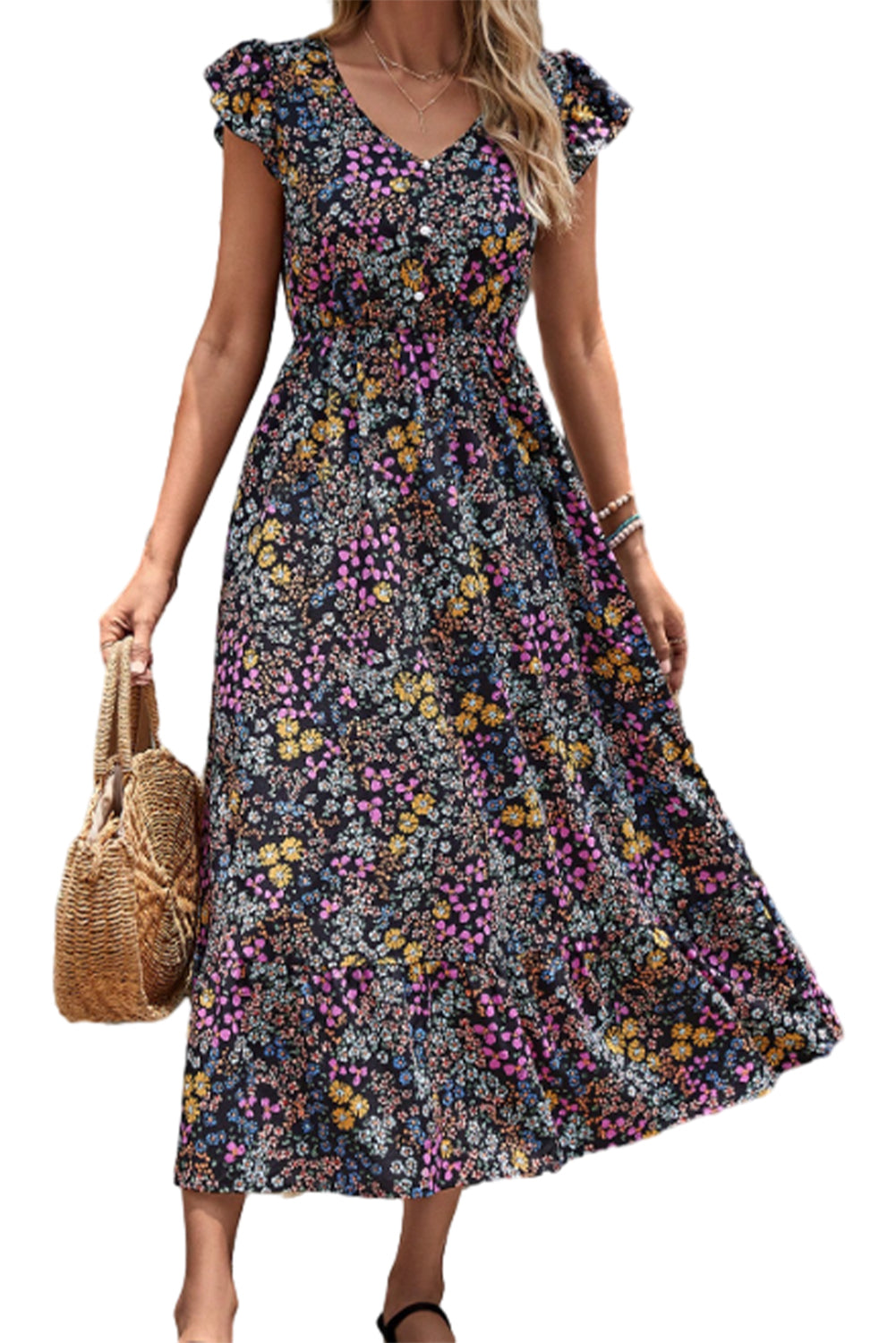 Flutter Sleeve Floral Print V-neck Maxi Skirt Dress