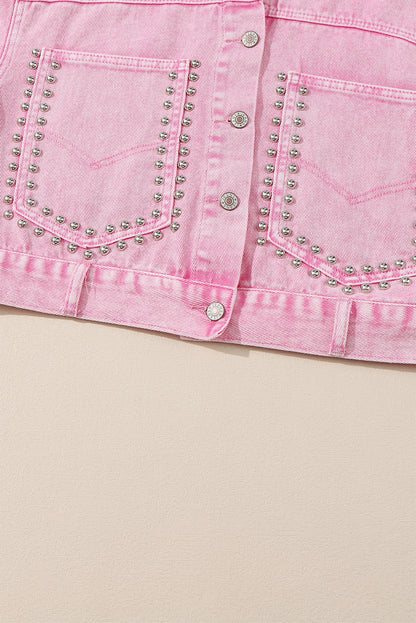 Long Sleeve Button-down Pink Studded Denim Jean Jacket