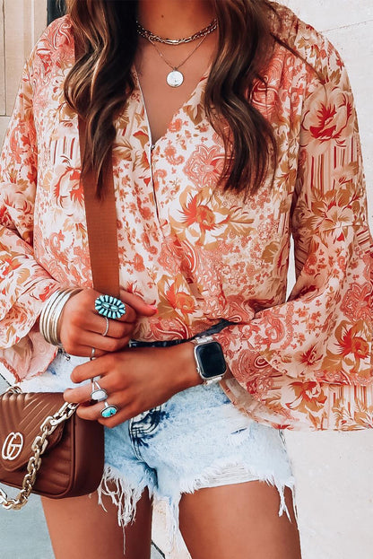 Long Sleeve Faux Wrap V-neck Boho Print Bodysuit