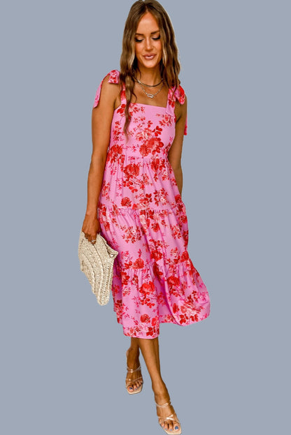 Sleeveless Tie Shoulder Straps Tiered Floral Midi Dress