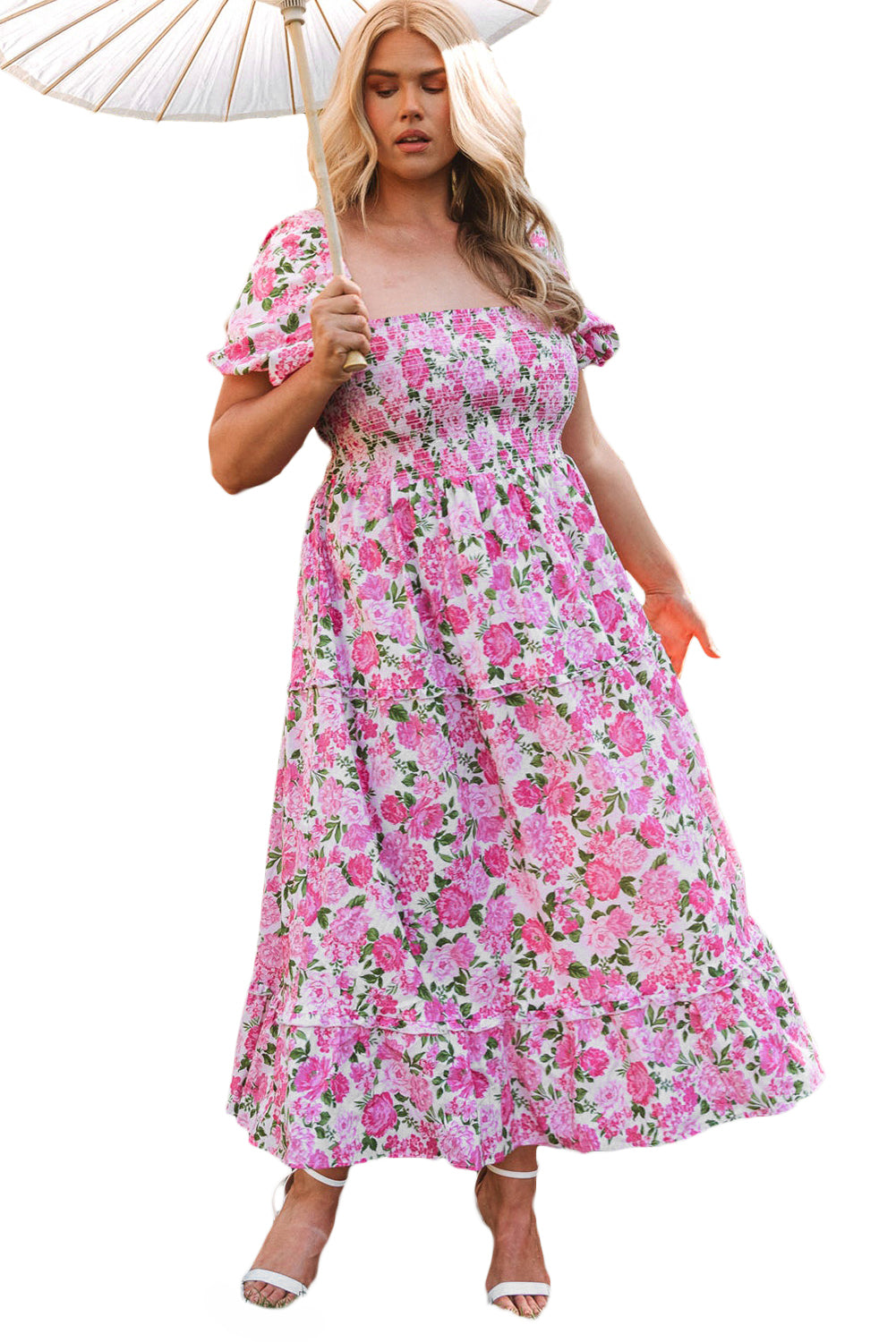 Short Sleeve Floral Print Square Neckline Plus Size Maxi Dress