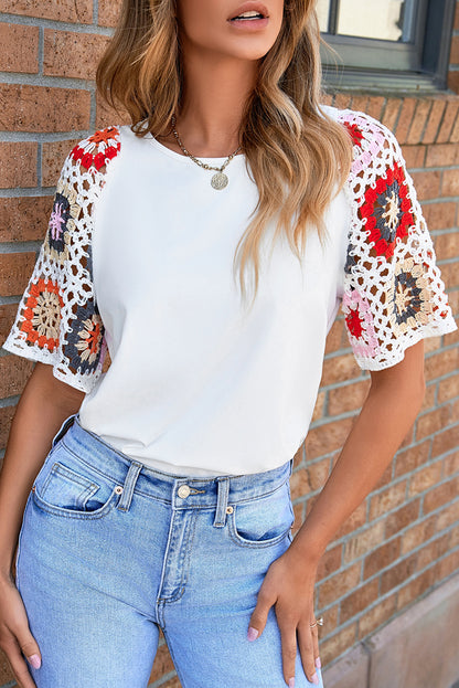 1/2 Sleeve White Top with Crochet Sleeves