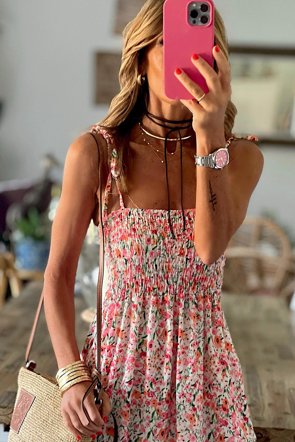 Sleeveless Smocked Floral Print Maxi Dress