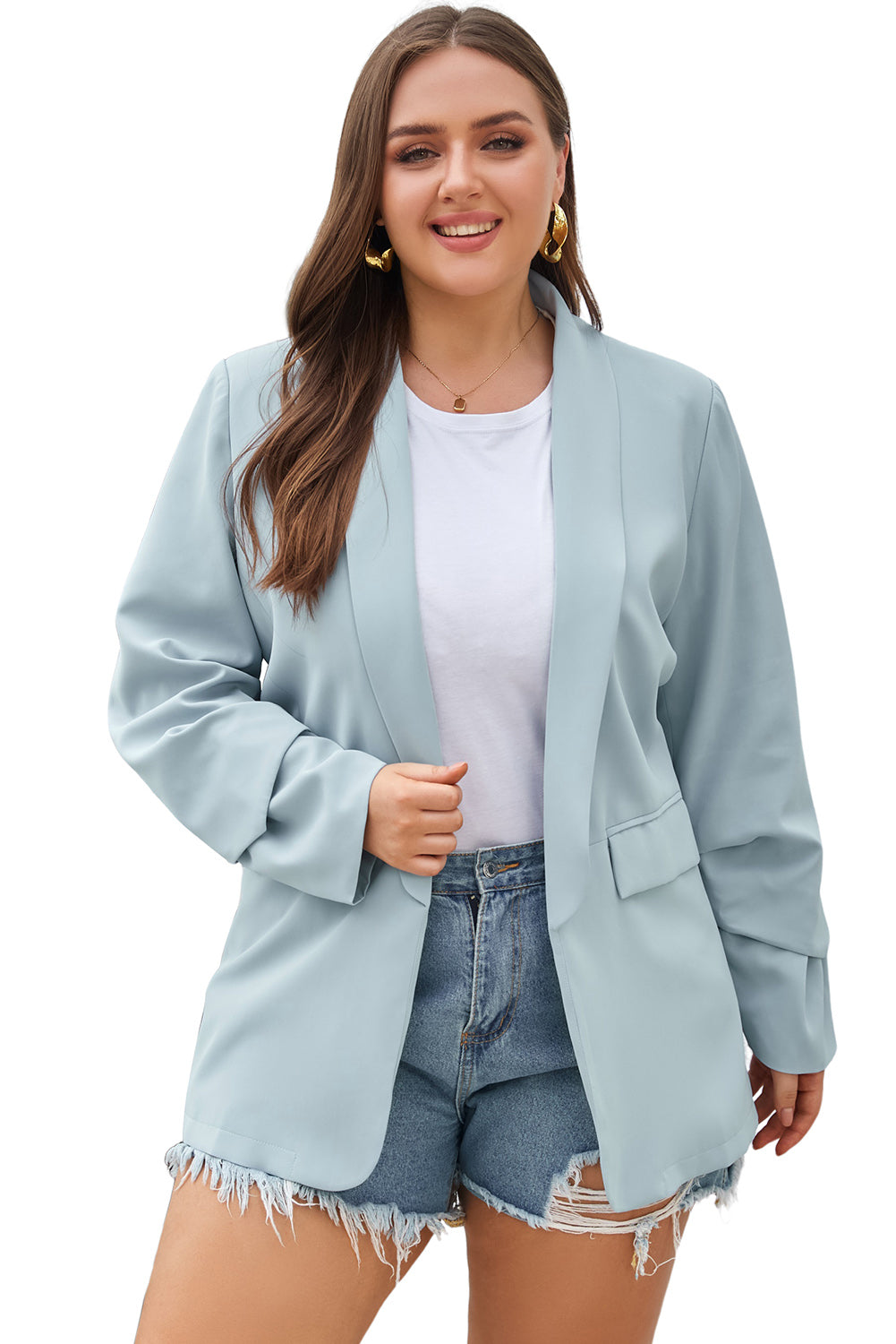 Blue Plus Size Soft Lightweight Pocketed  Blazer