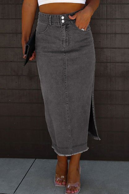 High Rise Black Denim Jean Midi Skirt