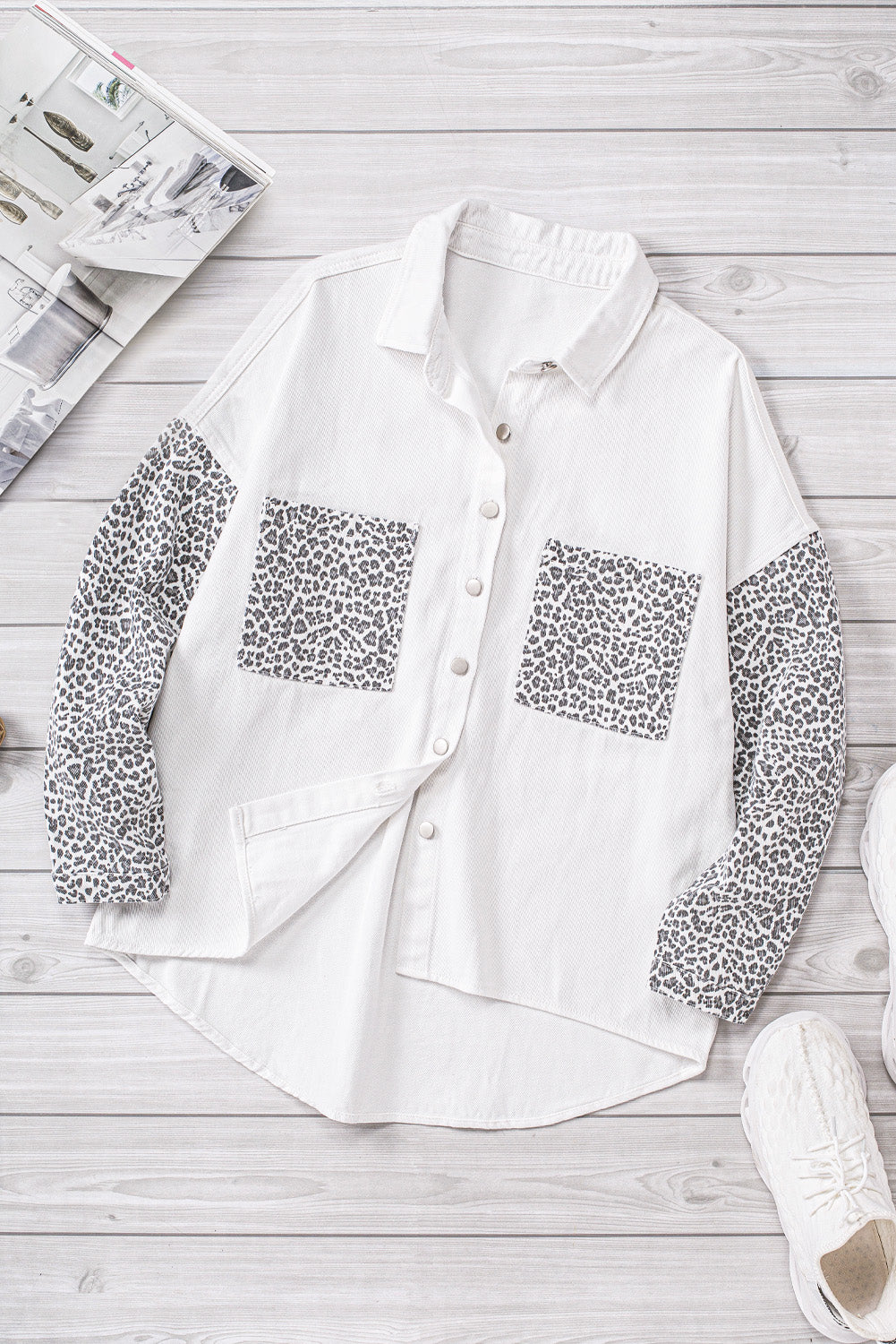 Long Sleeve Button-down Leopard Print White Denim Jean Jacket