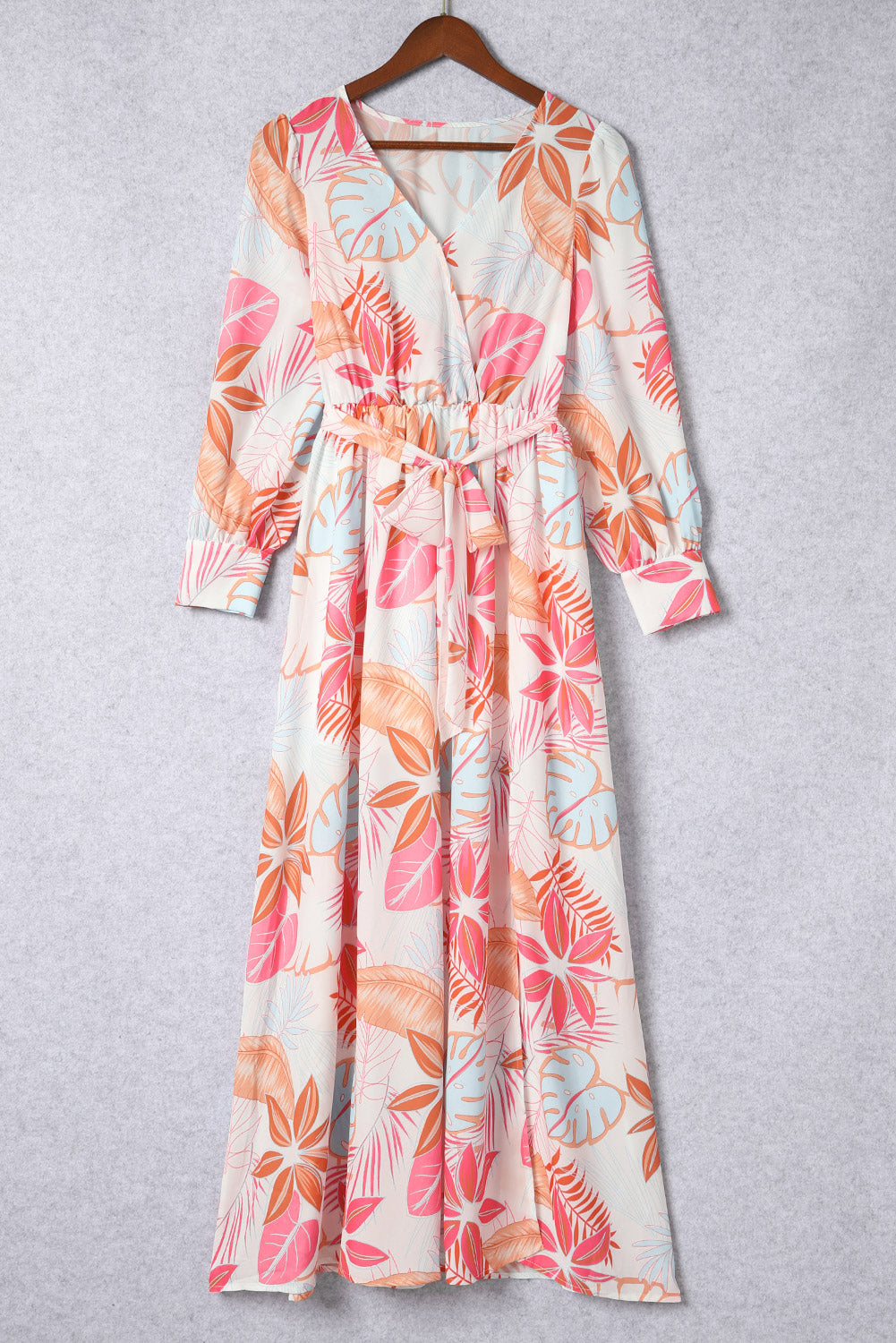 Long Sleeve Tropical Print Wrap V-Neck Maxi Dress