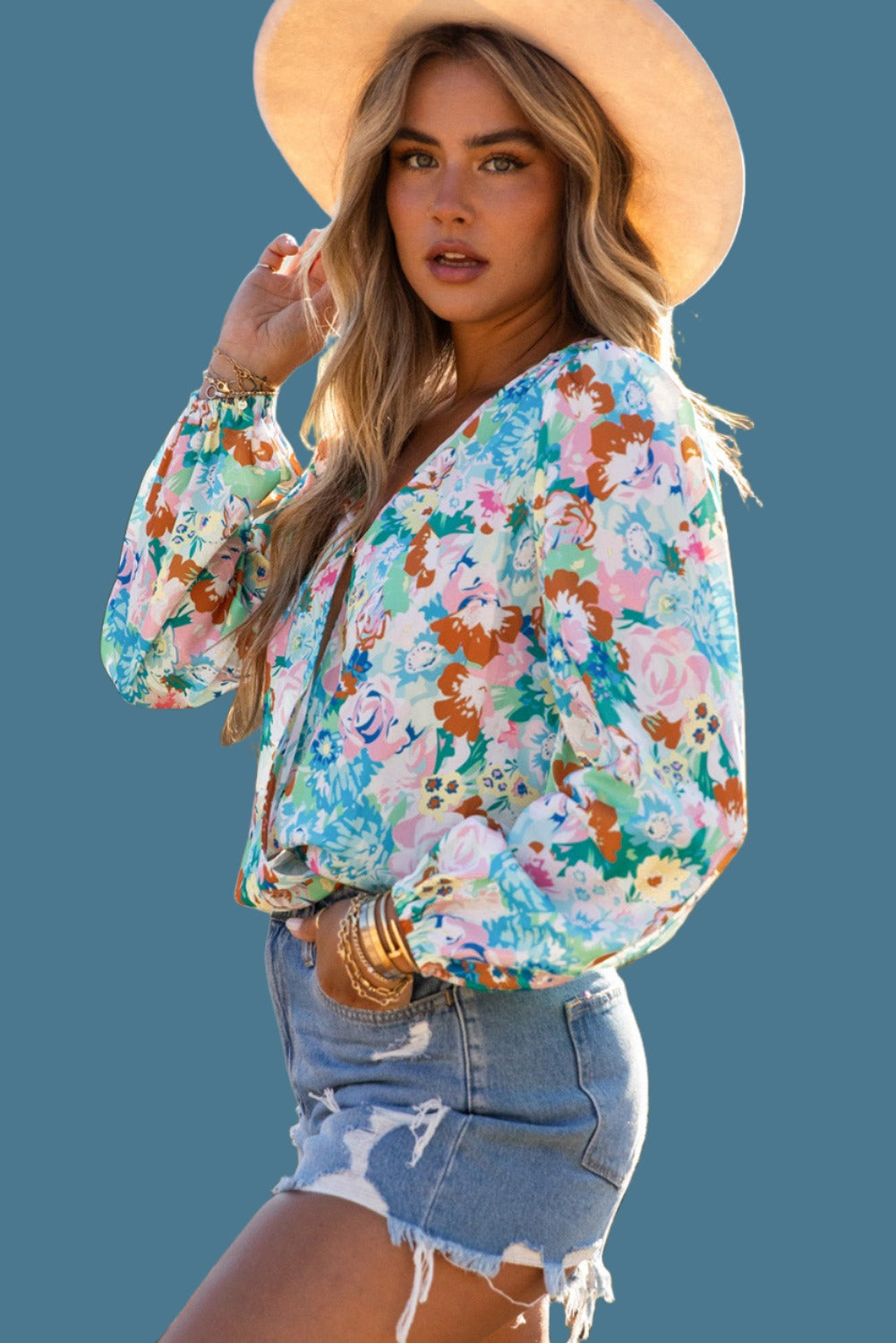 Long Sleeve Floral Print V-neck Bodysuit