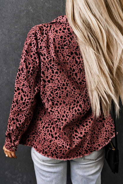 Long Sleeve Button-down Pink Leopard Print Denim Jean Jacket