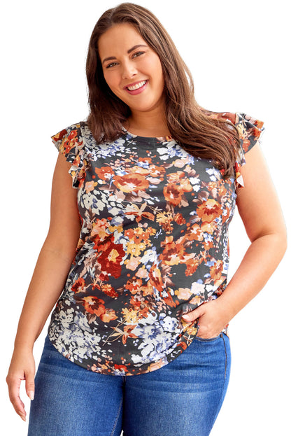 Flutter Sleeve Floral Print Plus Size Top