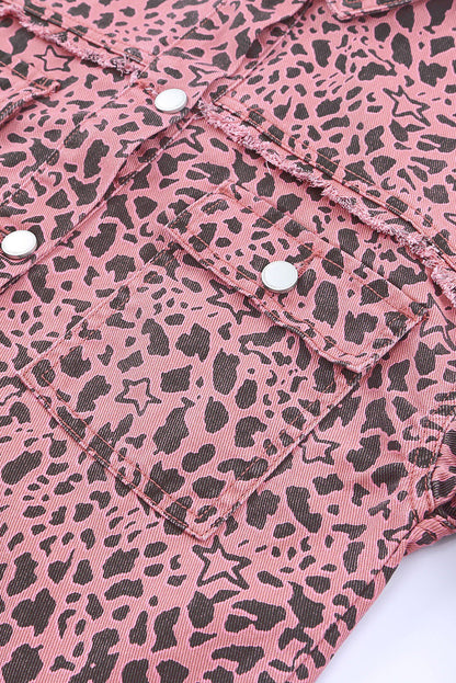 Long Sleeve Button-down Pink Leopard Print Denim Jean Jacket