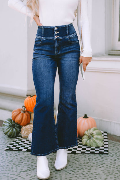 Mid Rise Flared Leg Button-Fly Blue Jeans