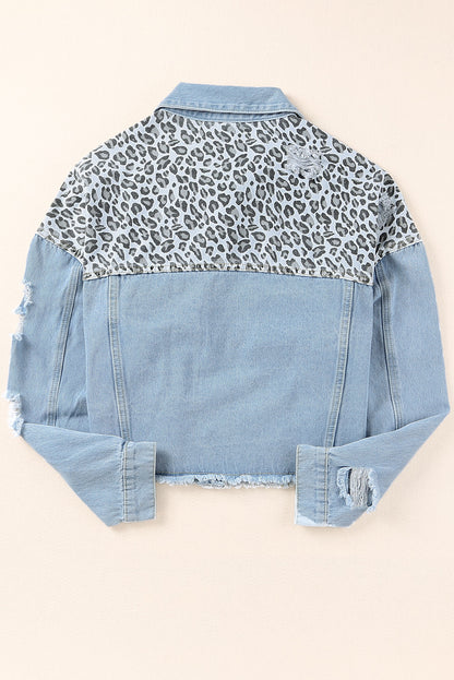 Long Sleeve Button-down Denim Leopard Print Jean Jacket