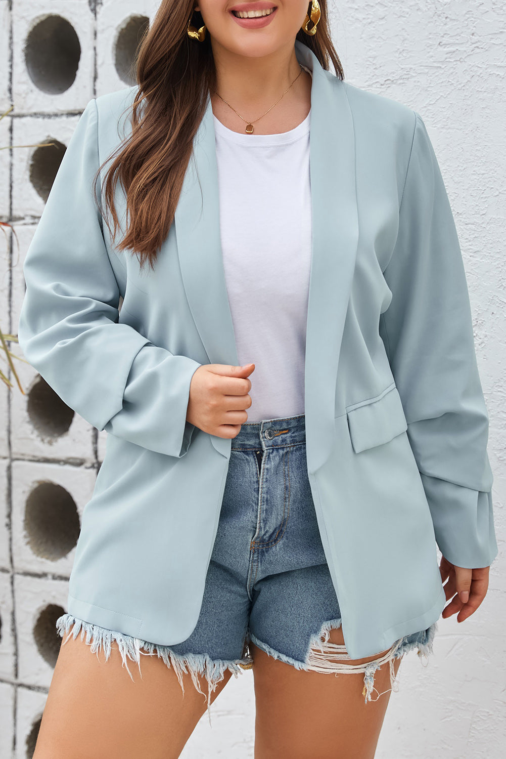 Blue Plus Size Soft Lightweight Pocketed  Blazer