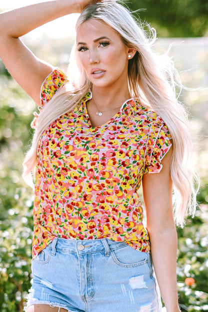 Flutter Sleeve V-Neck Floral Print Top