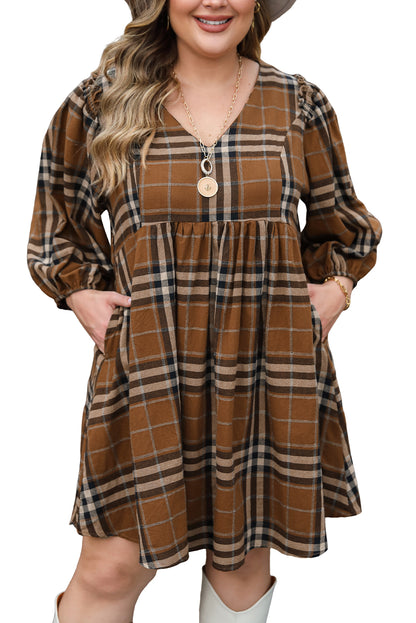 Short Sleeve V-neck Plaid Plus Size Mini Dress