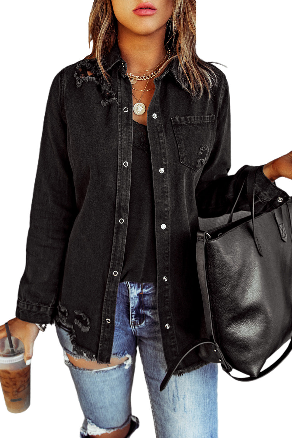 Long Sleeve Button-Down Black Ripped Denim Jean Jacket