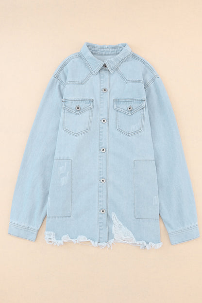 Long Sleeve Button-down Distressed Denim Blue Jean Shirt