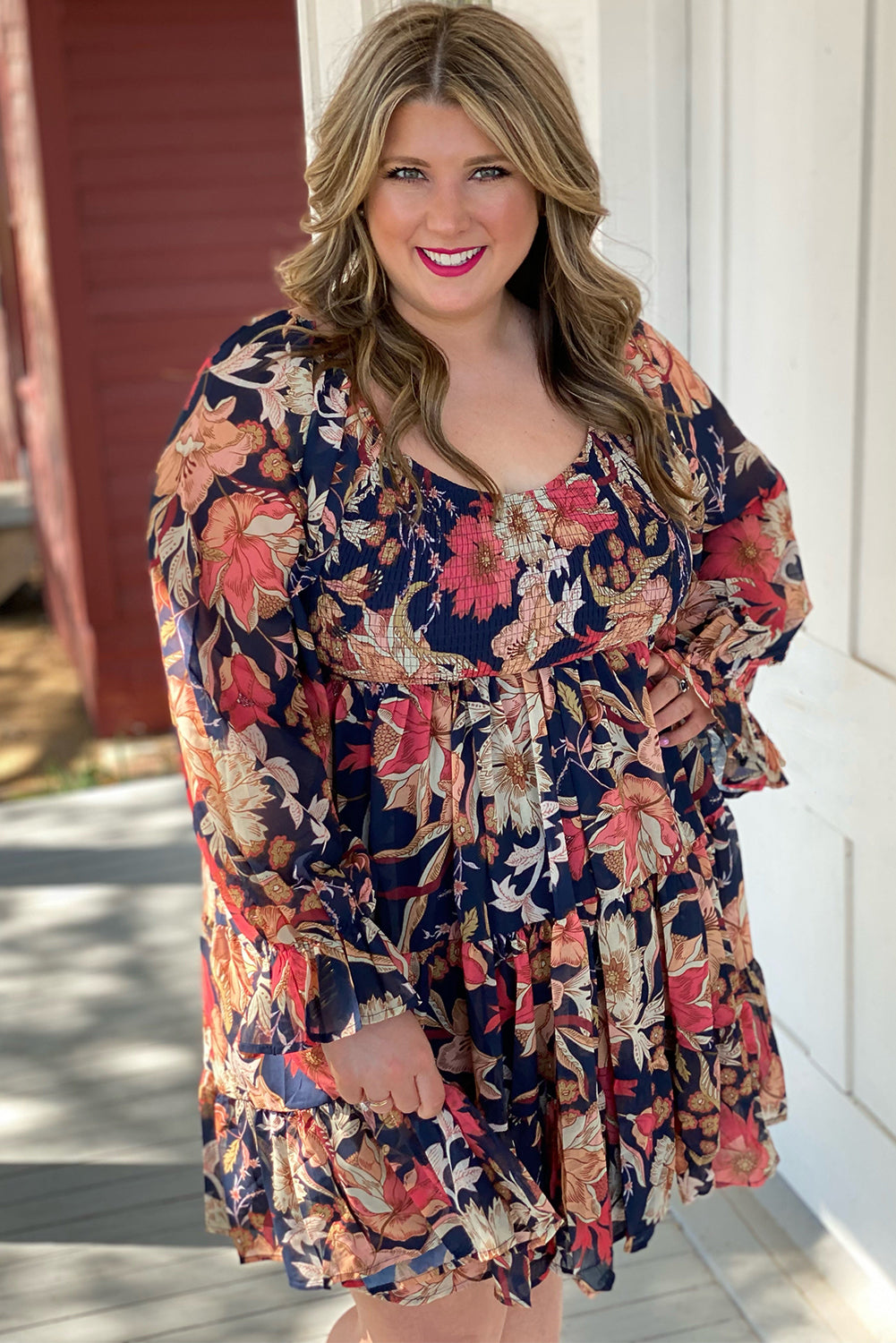 Long Sleeve Floral Print Plus Size Mini Dress