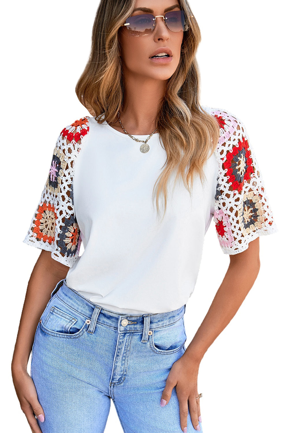 1/2 Sleeve White Top with Crochet Sleeves