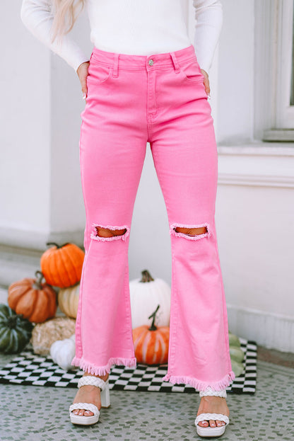 High Rise Flared Leg Raw Hem Pink Denim Jeans