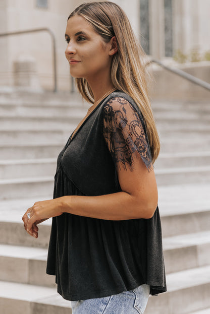 Short Sleeve V-neck Black Lacey Top