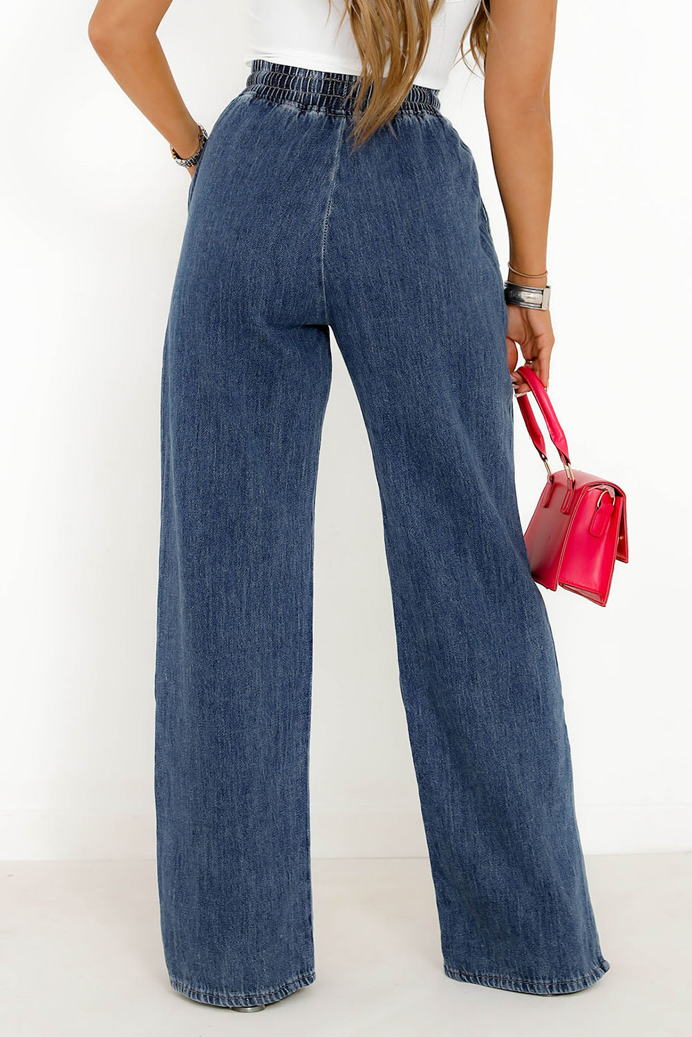 High Rise Elastic Drawstring Waist Wide Leg Jeans