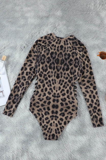 One-Piece Leopard Print Zip Front Long Sleeve Swimsuit