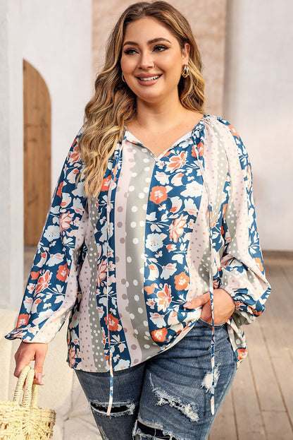 Long Sleeve Floral Print V-neck Plus-size Blouse