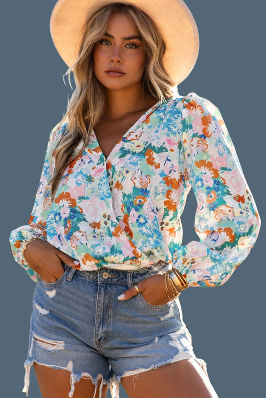 Long Sleeve Floral Print V-neck Bodysuit