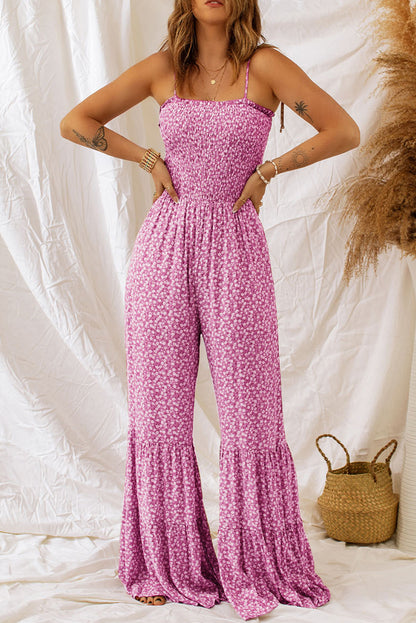 Sleeveless Smocked Tie Shoulder Wide Leg Jumpsuit