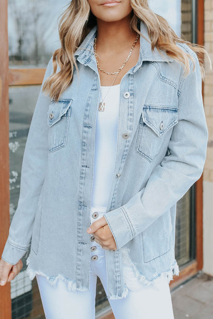 Long Sleeve Button-down Distressed Denim Blue Jean Shirt