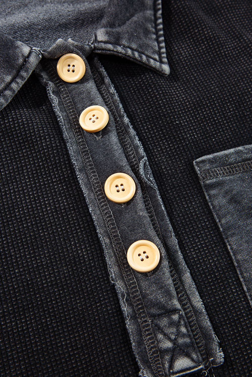 Black Waffle Exposed Seam Pocket Henley Sweatshirt