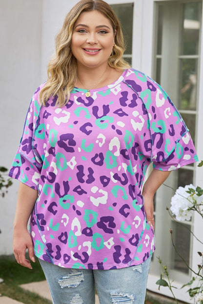 1/2 Sleeve Leopard Print Plus Size Top