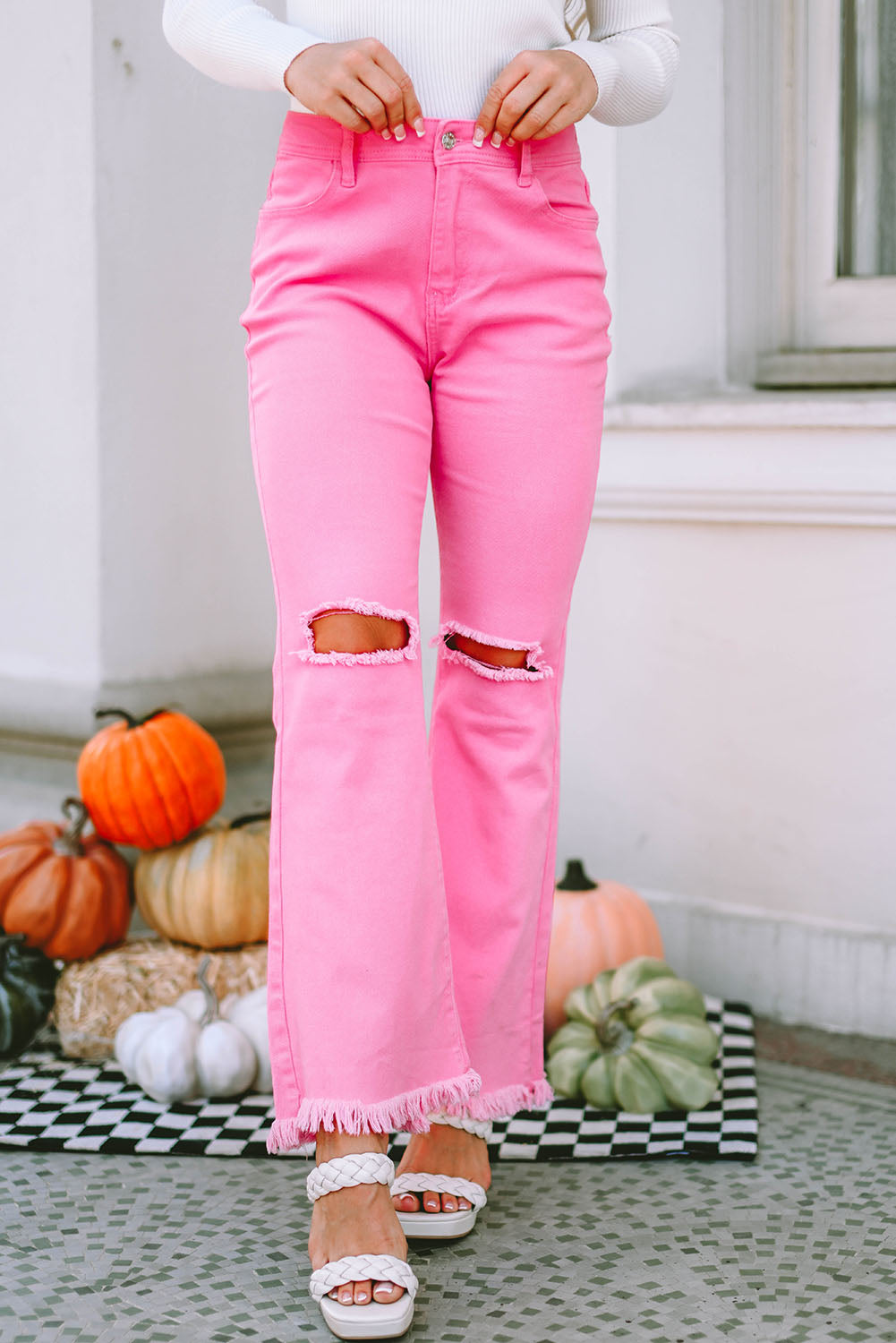 High Rise Flared Leg Raw Hem Pink Denim Jeans