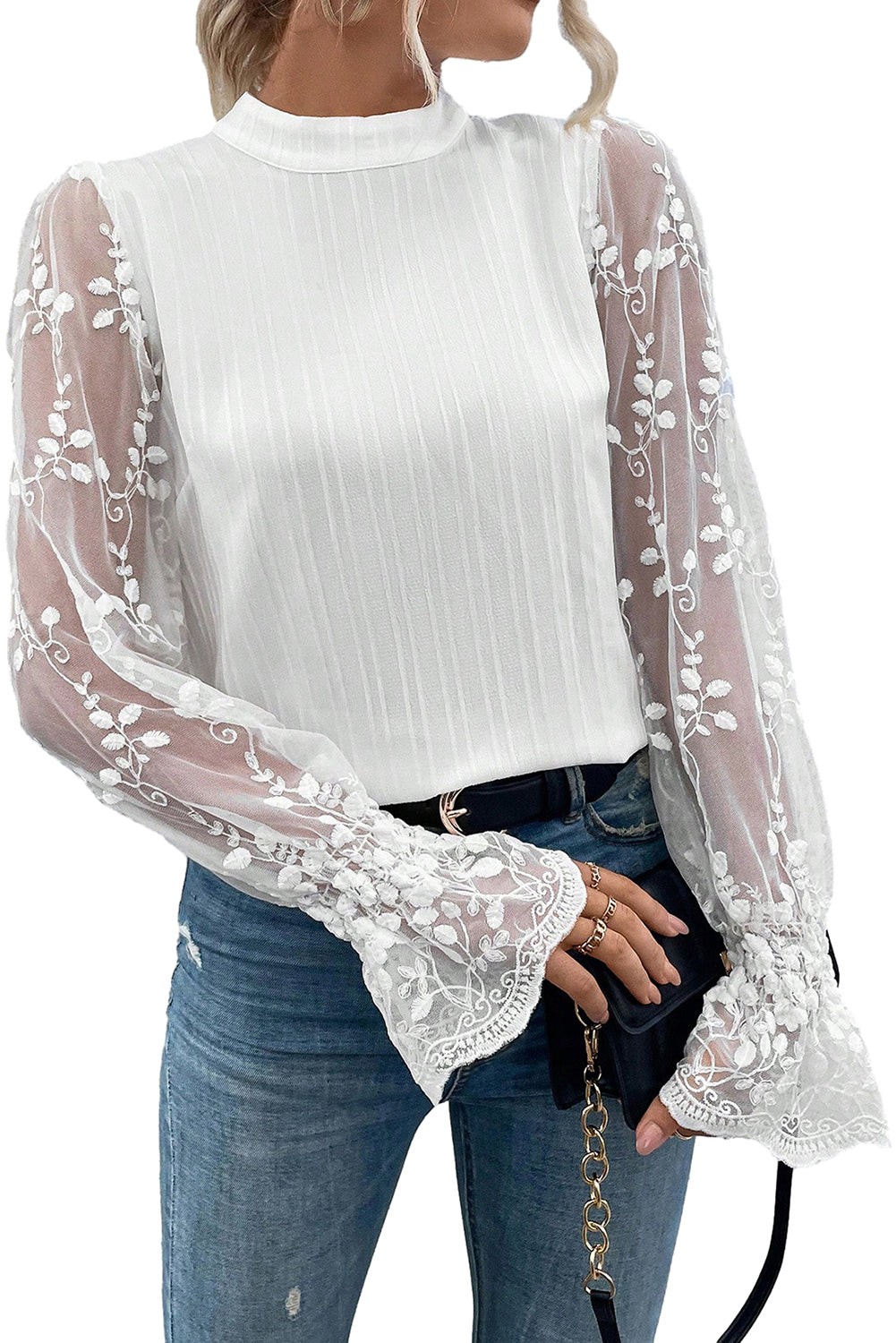 Long Sleeve Mock Neck Lace Top