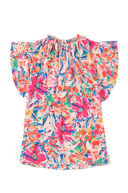 Flutter Sleeve Floral Print V-neck Top