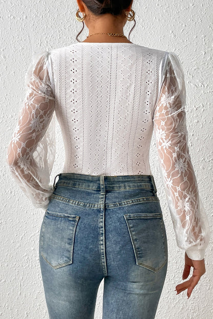 Long Sleeve Square Neck Allover Lace Bodysuit