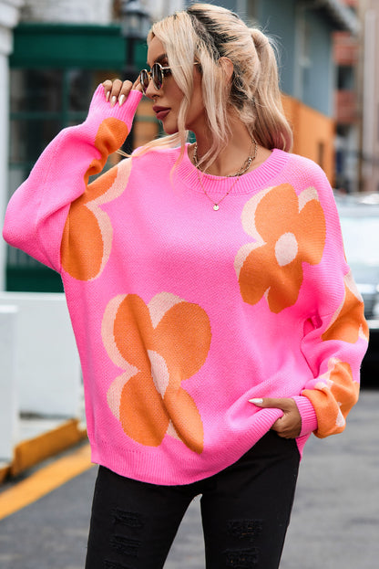 Long Sleeve Crew Neck Floral Print Oversized Sweater