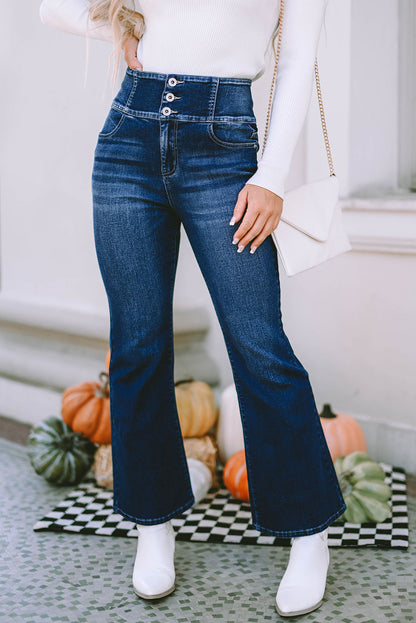 Mid Rise Flared Leg Button-Fly Blue Jeans