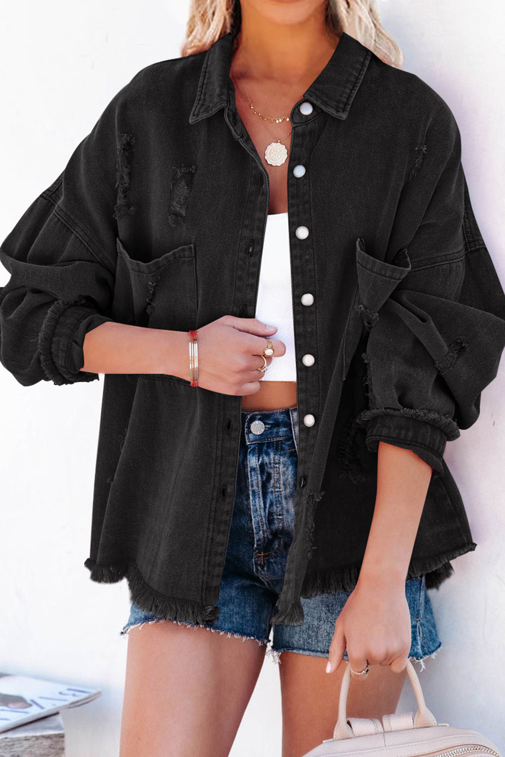 Long Sleeve Button-down Black Denim Shirt/Jacket