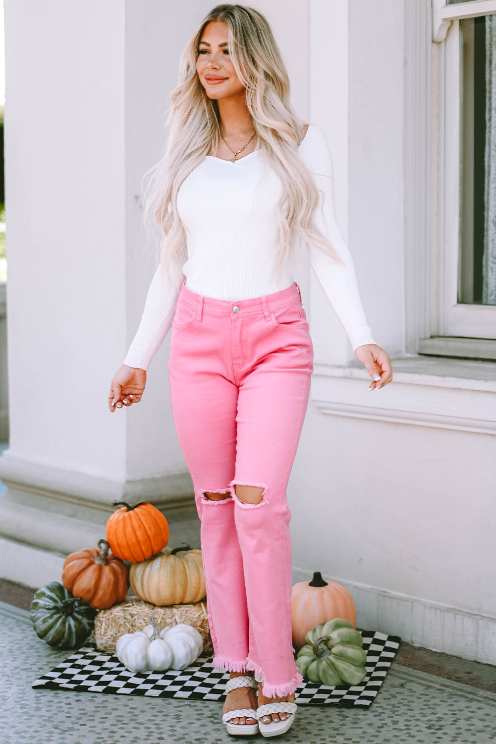 High Rise Flared Leg Raw Hem Pink Denim Jeans