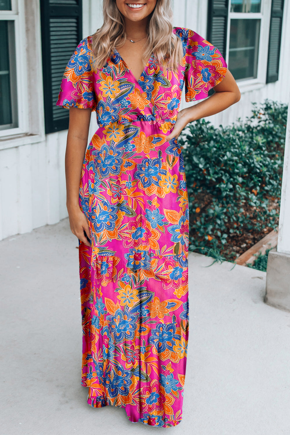 Short Sleeve Floral Print Maxi Dress