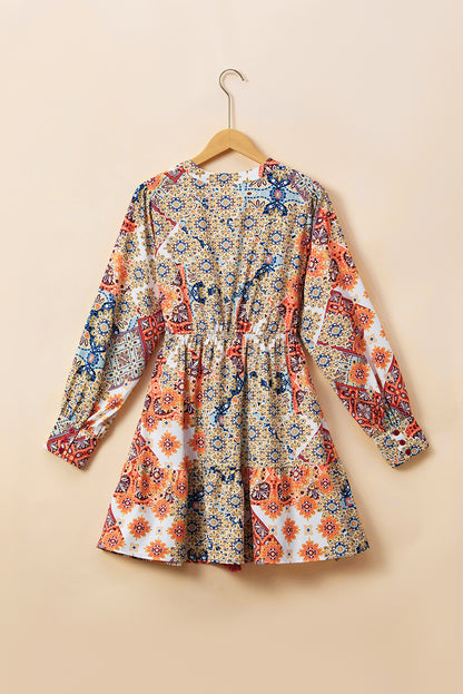 Long Sleeve Bohemian Western Print Plus Size Mini Dress