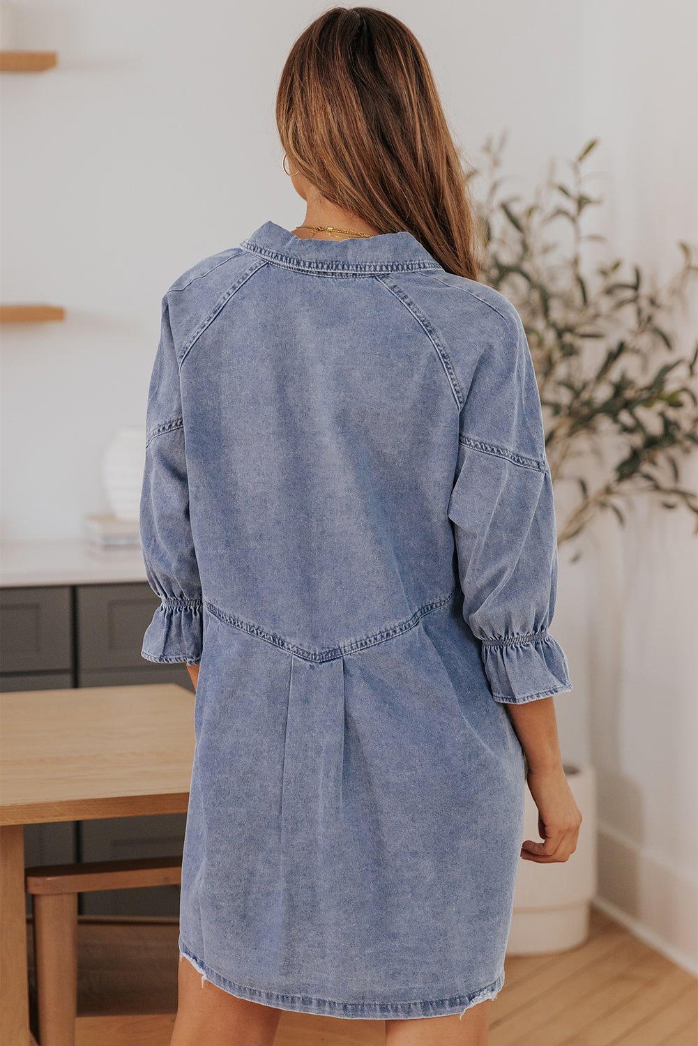 1/2 Sleeve Button-down Denim Blue Jean Mini Dress